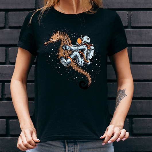 Koszulka damska czarna z nadrukiem Space sea horse ART ORGANIC