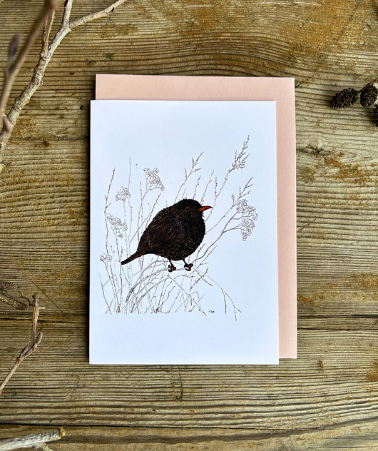 kartki okolicznościowe - wydruki Zimowy Kos- Kartka- Grafika- Ilustracja- Ptaki