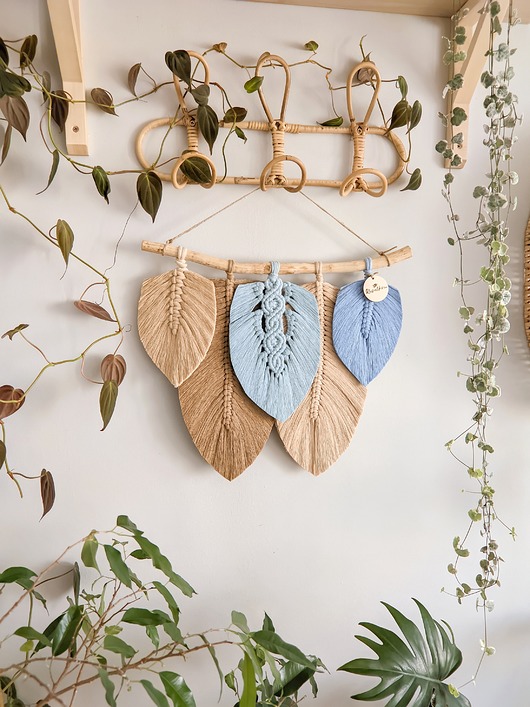 makramy Morska pastelowa makrama liście plecione, dekoracja pokoju w stylu boho