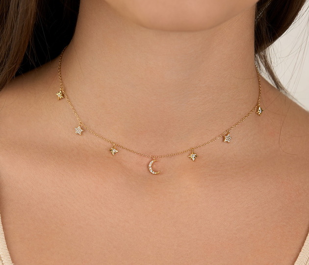 złote naszyjniki Choker/ naszyjnik cyrkonie "Moon-Stars"- srebro 925 pozłacane