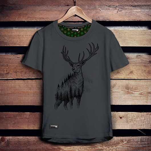 t-shirty męskie T-shirt męski podróżnika JELEŃ SZLACHETNY z lasem szary -M