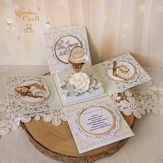 kartki na komunię Exploding box komunijny, kartka na komunię "Greenery" GOTOWY