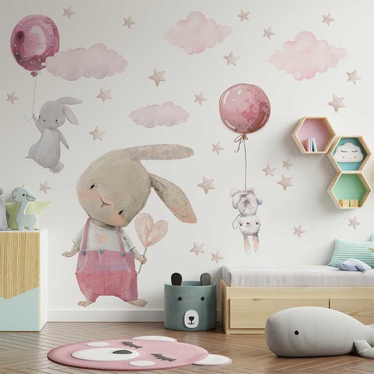 naklejki ścienne do pokoju dziecka RÓŻOWE KRÓLICZKI BALONY NAKLEJKI NA ścianę