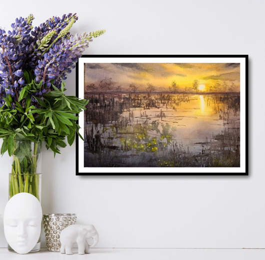 obrazy Akwarela - Zachód nad rozlewiskiem oprawiona 30/40 cm