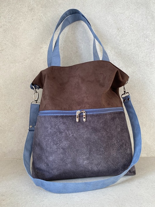 torby na ramię Duża torba na ramię z zapinaną kieszenią -  c.brąz, szaroniebieski