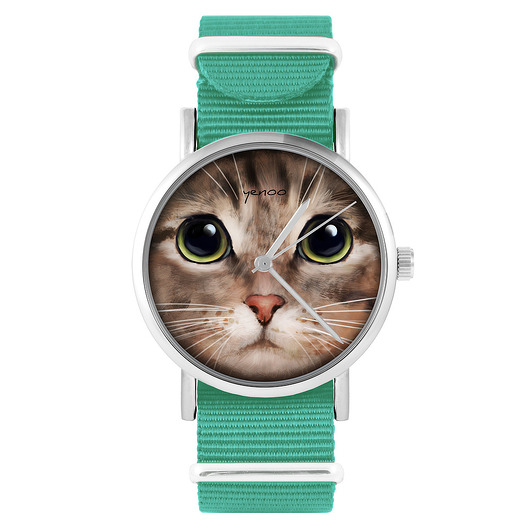 zegarki damskie Zegarek - Kot tygrysek - turkusowy, nylonowy
