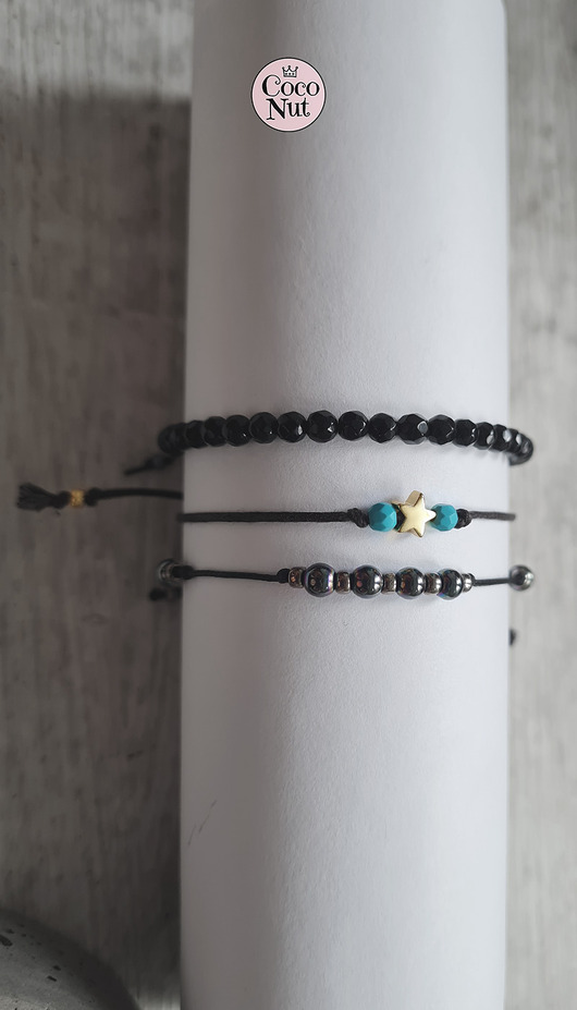 bransoletki na sznurku Zestaw bransoletek: hematyt, turkus, onyks na sznurku