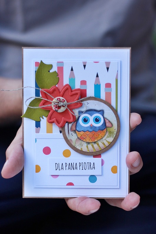 kartki scrapbooking Sówka i ołówki. Podziękowania dla nauczycieli