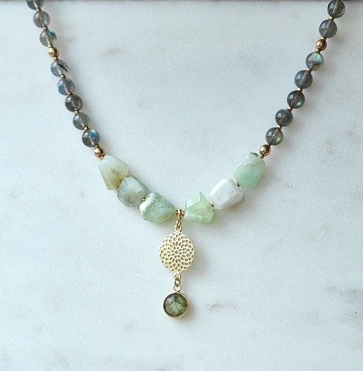 złote naszyjniki Naszyjnik z opalizacją - chryzopraz i labradoryt