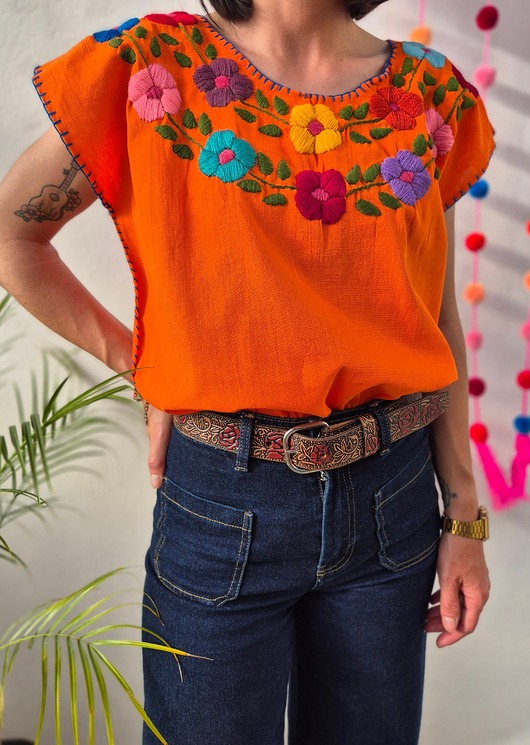 t-shirt damskie Bluzka ręcznie haftowana Bordado Pomarańczowa kwiaty ONE SIZE