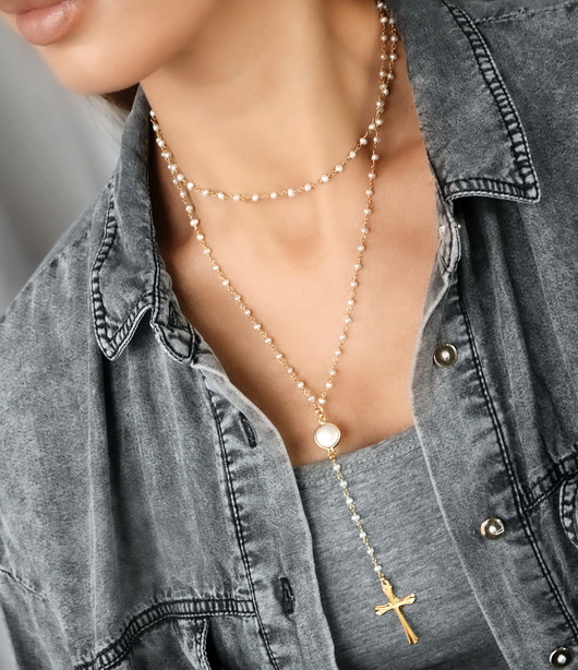 złote naszyjniki Naszyjnik różaniec z pereł naturalnych 55cm