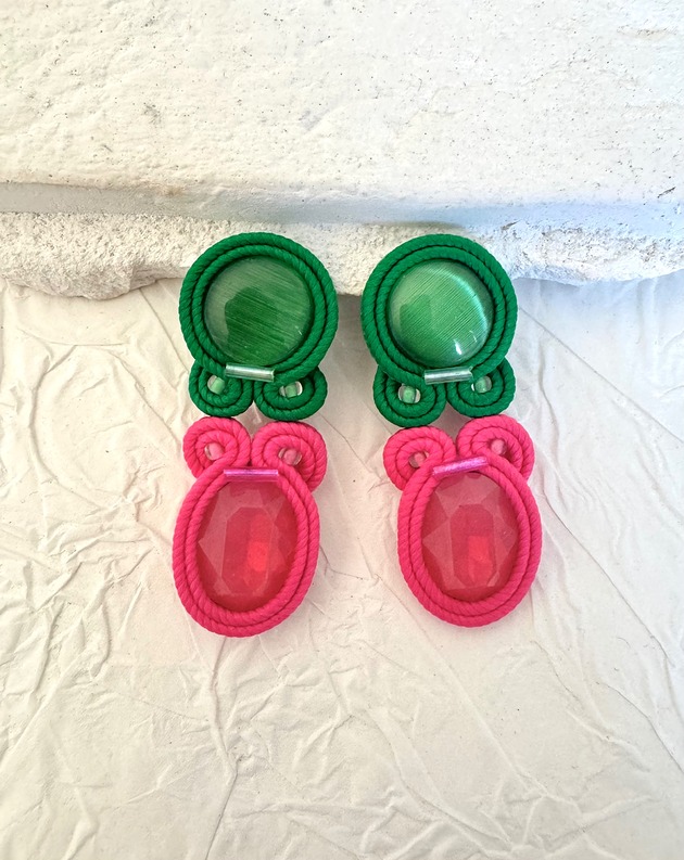 kolczyki soutache Kolczyki sutasz zielono-różowe na sztyft