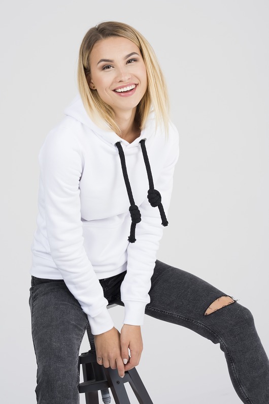 bluza z kapturem damska Ciepła bluza z efektownymi sznurkami biała