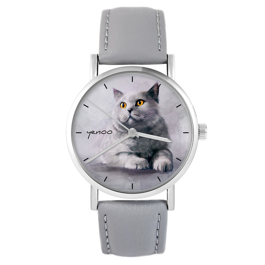 zegarki damskie Zegarek - Kot brytyjski - szary, skórzany