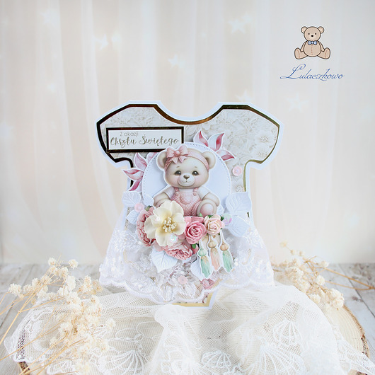 kartki, zaproszenia na chrzest Kartka body na chrzest, pamiątka chrztu "Rose Bear" GOTOWA