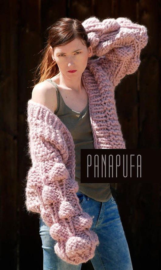 cardigan damski, sweter wełniany  na drutach PANAPUFA