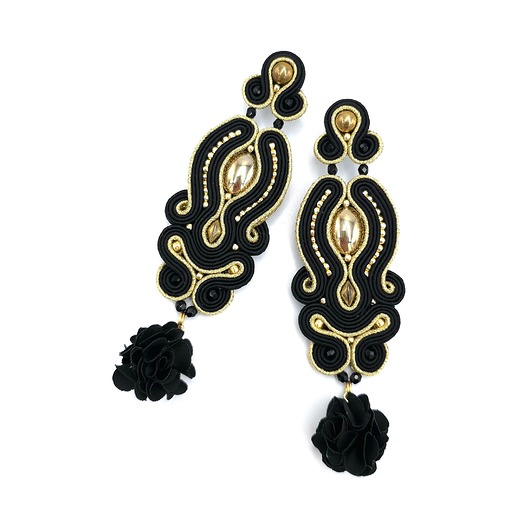 kolczyki soutache Bella eleganckie wieczorowe złoto czarne kolczyki sutasz z kwiatkiem