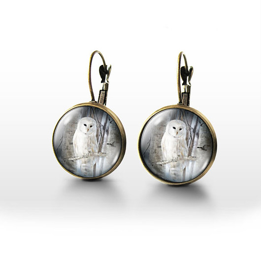 kolczyki szklane Kolczyki - Biała sowa - brąz