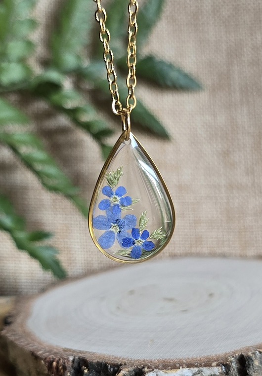 wisiory Złoty wisiorek prawdziwe kwiaty zawieszka łezka łza niezapominajki