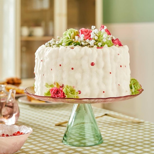 patery i talerze Patera na ciasto, szklana, różowo-zielona, Fleur de rose, 28 cm