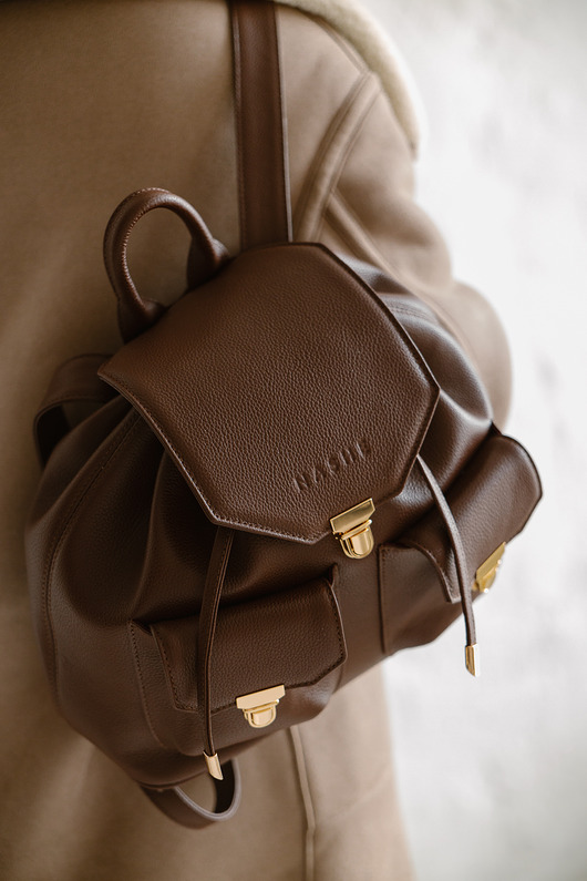 plecaki Plecak z kieszeniami - skórzany - damski - brąz klasyczny
