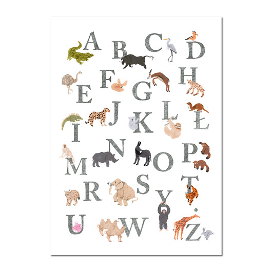 obrazy i plakaty do pokoju dziecięcego Plakat z polskim alfabetem ze zwierzętami do pokoju dziecka Hi Little