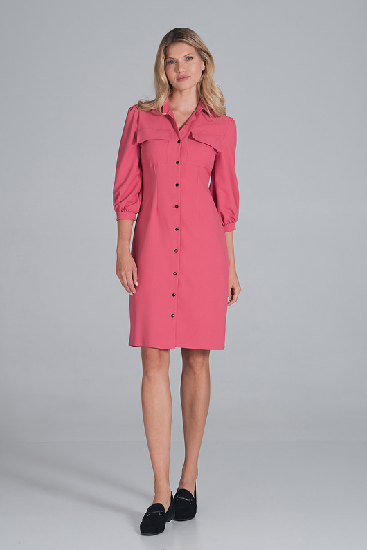 sukienki midi damskie Elegancka sukienka koszulowa midi z bufiastymi rękawami i guzikami - M849