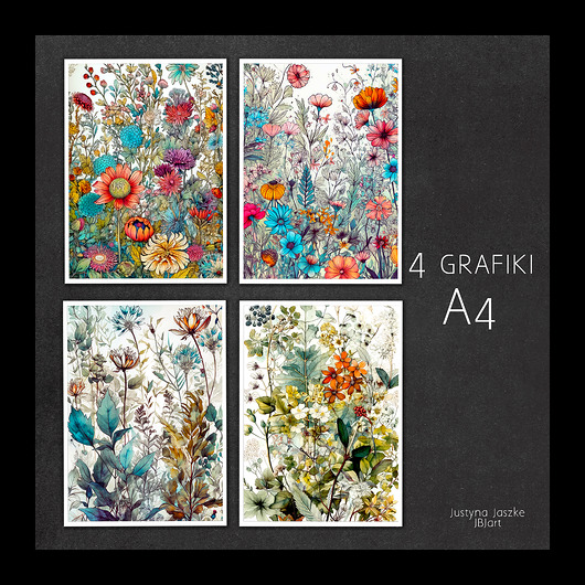 grafiki i ilustracje Zestaw 4 grafik A4 - Łąka