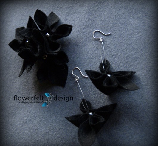 Czarne z hematytem- Biżuteria Autorska FlowerFelt Design