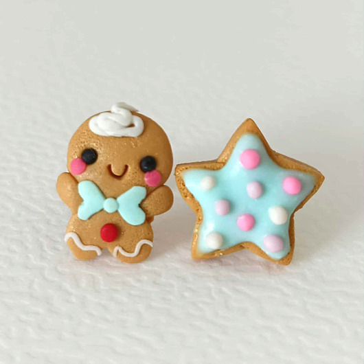 kolczyki z masy plastycznej Pastelowe kolczyki pierniczek i gwiazdka