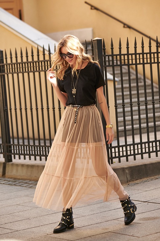 sukienki maxi damskie Tiulowa sukienka czarna z cappuccino M541