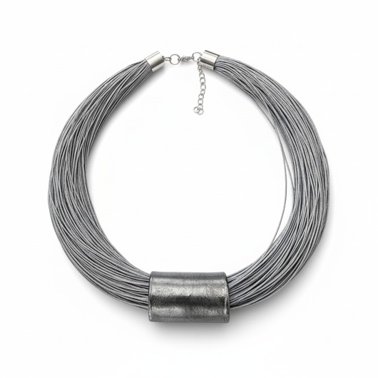 naszyjniki - inne Naszyjnik LEN SZARY z ceramiką grafito