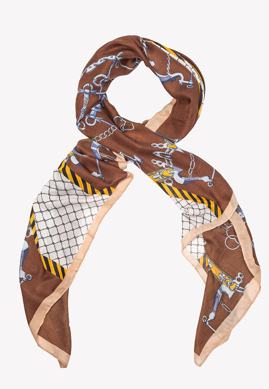 szale damskie Wiosenny Szal damski wiskoza 100% brązowy z motywem jeździeckim