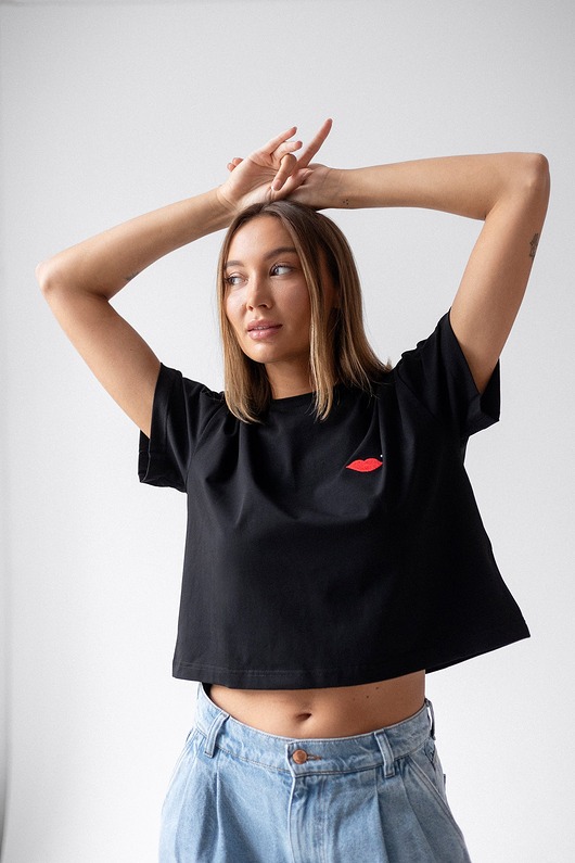 t-shirt damskie T-shirt Crop-Voila Czarny Usta