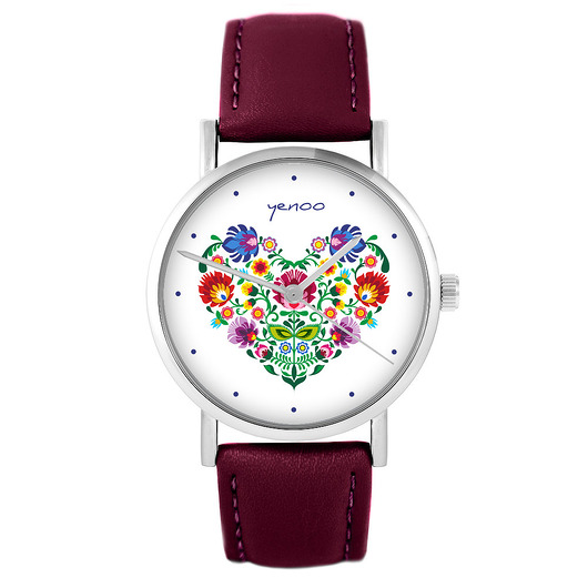 zegarki damskie Zegarek - Serce folkowe - skórzany, burgund