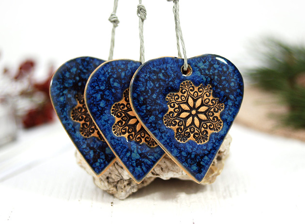 ozdoby choinkowe Niebieskie serca z mandalą - ceramiczne ozdoby choinkowe