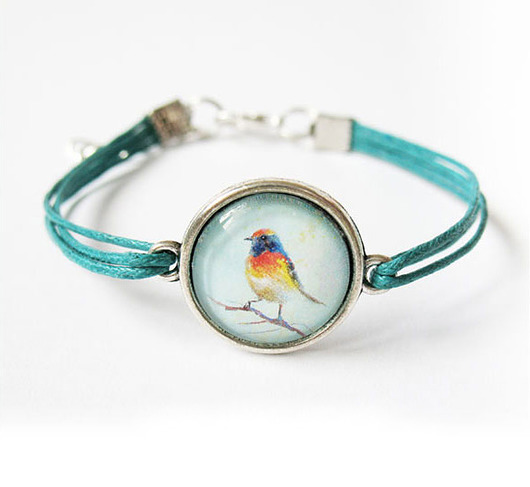bransoletki ze szkła Bransoletka - Kolorowy ptak - turkus, sznurki