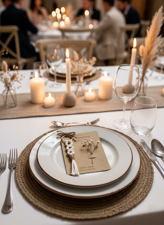 zaproszenia i kartki na ślub Podziękowania dla gości weselnych boho, breoloczek makrama