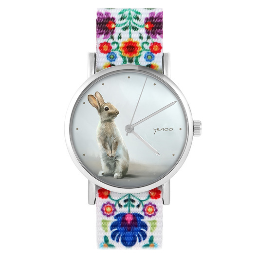 zegarki damskie Zegarek - Zając - folk biały, nylonowy