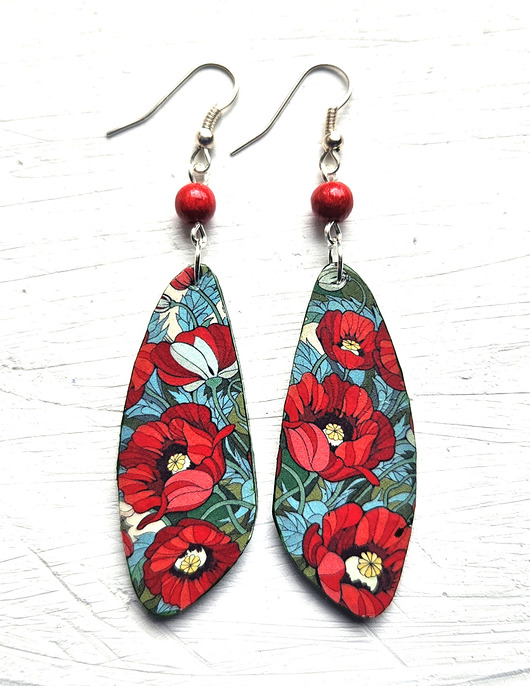 kolczyki drewniane Kwiaty maku