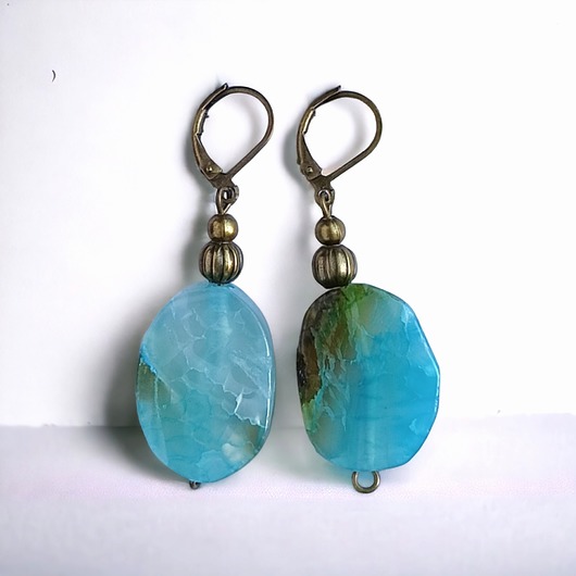 kolczyki z kamieniami UNIKATOWE kolczyki : okazałe : agat aqua : stare złoto