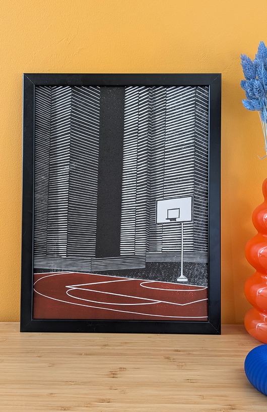 grafiki i ilustracje Ręcznie drukowany linoryt "Osiedlowy sen o NBA" 30x40cm