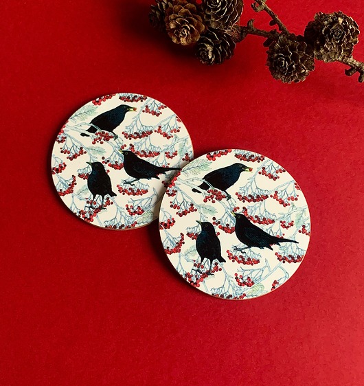 podkładki do kuchni Podkładki pod kubek- Kosy w jarzębinie- Ilustracja- Black birds