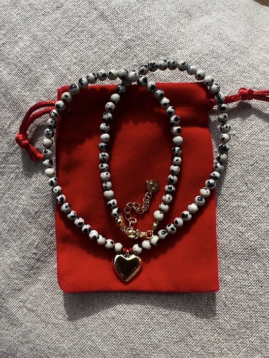 naszyjniki - inne Handmade naszyjnik z jaspisem dalmatyńskim i serduszkiem