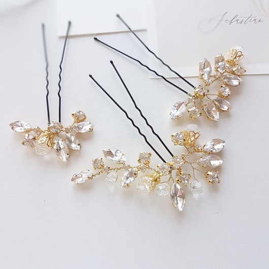 Ślubne ozdoby do włosów Gold sparkle - kryształowe kokówki ślubne.