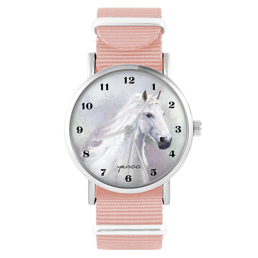 zegarki damskie Zegarek - Biały koń, cyfry - brzoskwiniowy róż
