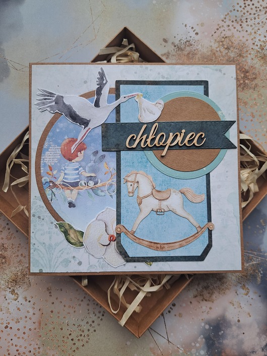 kartki scrapbooking Kartka na baby shower chłopca (w pudełku)