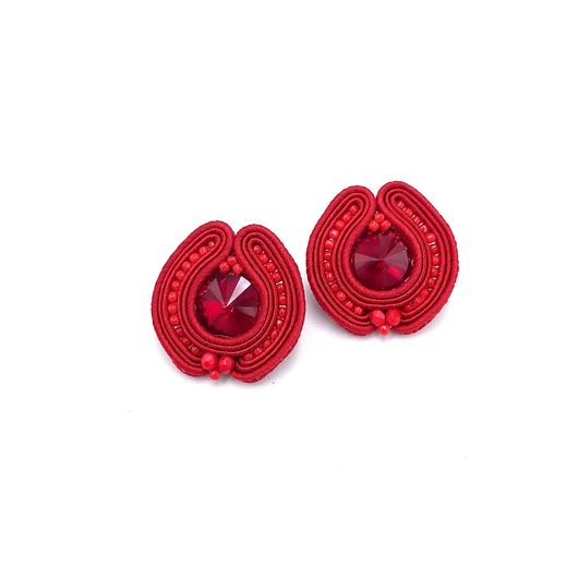 kolczyki soutache Kolczyki sutasz sztyfty czerwone okrągłe z kryształkami Amber