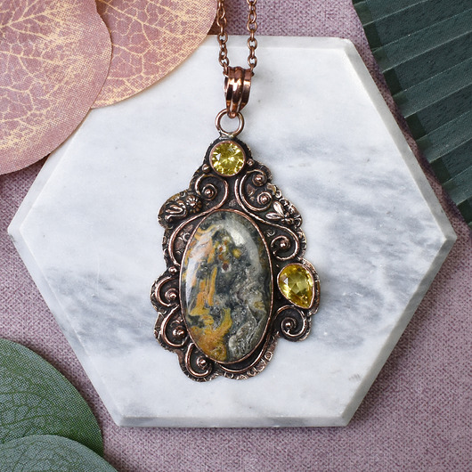 wisiory Miedziany wisiorek wire wrapping z jaspisem i cytrynem #482