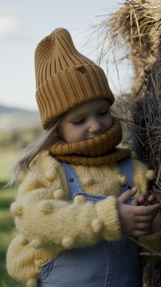 szaliki dziecięce Komin merino w prążki Soft Snood - musztarda